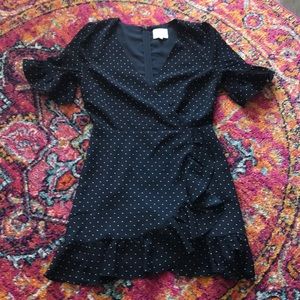 Polka dot navy faux wrap dress